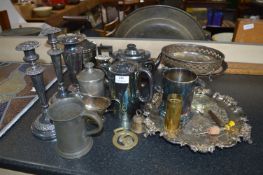 Collection of Silver Plated Ware; Tray, Teapots, Candlesticks, Vases, Biscuit Barrel, etc.