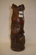 Oriental Carved Bamboo Brush Pot Decorated with Carp and Lilies