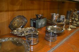 Collection of Silver Plated Ware; Wine Coasters, Tray, Cutlery, Candlesticks, etc.