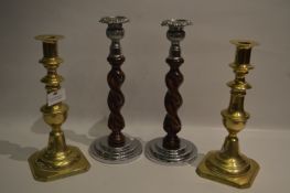 Pair of Brass and a Pair Oak Barley Twist Candlesticks