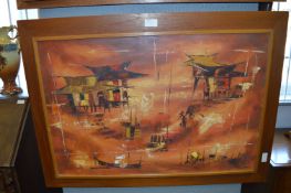 Teak Framed 1960's Abstract Oil Painting (Signed Indistinctly)