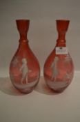 Pair of Ruby Glass Mary Gregory Vases