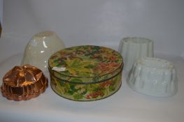 Three Pottery Jelly Moulds, Copper Mould and a Tin