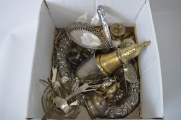Box of Silver Plated Ware; Tray, Cutlery, Mug, etc.