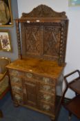 19th Century Oak Cabinet with Carved Doors, Drawers and Back with Brass Fittings
