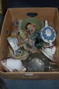 Box Containing Wedgewood, Murano Glass Paperweight, Pewter Teapot, Capodimonte Figure, etcv.
