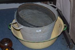 Cream and Green Enameled Wash Bowl and a Galvanised Wash Bucket