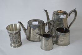Britannian Metal Four Piece Tea Set and a Pewter Beaker