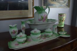 Green and Pink Rose Decorated Toilet Jug and Bowl with Matching Dressing Table Set