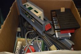 Box Containing Model Railway Buildings, Track, Transformer, etc.