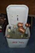White Enamel Bread Bin, Lemonade Bottles and Copper Measuring Jugs