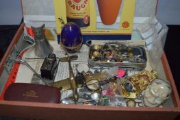 Tray Lot of Collectables Including Coronet Midget Camera, Spectacles, Costume Jewellery, Enamel