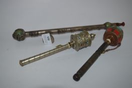 Chinese White Metal and Jade Ball, Smokers Pipe and Two Prayer Wheels