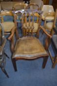 Mahogany Carved Back Armchair with Brown Leather Seat