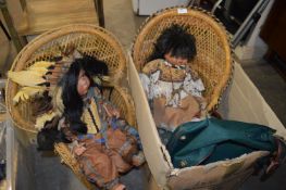 Two Pottery Headed Indian Squaw Dolls in Wicker Chairs