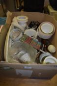 Box Containing Jardinieres, Lava Lamp, Glass Bowl, Vases, etc.