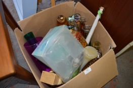 Box Containing Glass Vases and Decorative Bottles of Oils and Salts