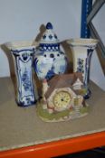 Delft Pottery Vases and a Memory Lane Cottage Clock