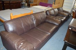 Brown Leather Three Seat and Two Seat Settees, Single Armchair with Pouffe