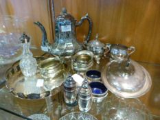 Silver Plated Ware; Tea Pot, Condiment Set, Dishes.