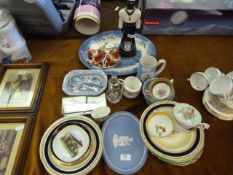 Table Lot of Pottery Including Meat Plate, Cups and Saucers, Collectors Plates, etc.