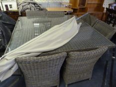 *NEPTUNE SQUARE 10 PIECE CANE GARDEN TABLE, CHAIRS AND UMBRELLA