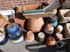 Large Quantity of Terracotta and Blue Glazed Plant Pots