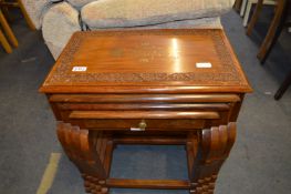 Teak Brass Inlaid and Carved Nest of Four Tables