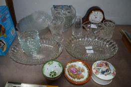 Glassware Including; Flower Vases, Dessert Bowl and Dishes, Quartz Clock, etc.