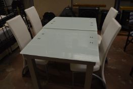 Contemporary Extending White Glass Dining Table on Silver Frame with Four Four Highback White Dining