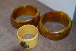 Pair of Tortoise Shell Bangles and an Ivorine Napkin Ring