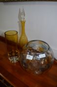 Glass Bowl and Two Amber Glass Vases