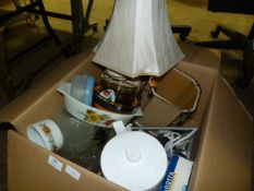 Box Containing Table Lamps, Glass Punch Set, Water Filter and an Iron