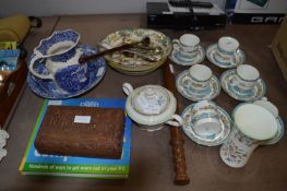 Table Lot; Part Floral Decorated Tea Set, Masons Blue & White Jug, Bowls, Carved Wood Box,