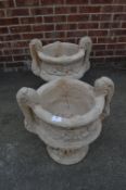 Pair of Stone Garden Urns on Plinths