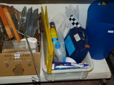 Two Boxes and a Blue Bin Containing Cleaning Materials, Menu Holders, Perspex Stands, etc.