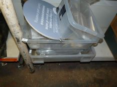 Two Plastic Storage Boxes Containing Assorted Perspex Display Systems, etc.