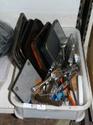 Box Containing Various Kitchenalia, Icecream Scoops, Roasting Dishes, etc.