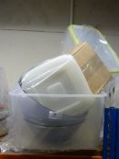 Two Stainless Steel Bowls, Plastic Storage Boxes, etc.