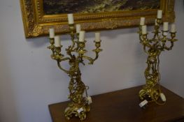 Pair of Six Branch Candelabra Converted Table Lamps with Cherub Decoration