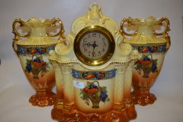 Pottery Mantel Clock and Vases Garniture Set