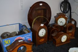 Large Collection of Mahogany Inlaid Clock Cases, Wall Clock and Spare Parts, Barometer Faces, etc.