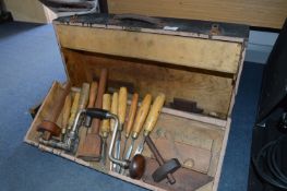 Carpenters Toolbox and Contents; Brace, Chisels, Scribe, etc.