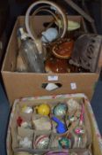 Box Lot of Pottery Including; Teapot, Glass Bottles, Dinnerware, Bookshelf and Christmas Decorations