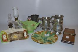 Decorative Teapot, Withernsea Eastgate Vase, Majolica Plate, Pewter Mugs, Oil Lamps and a Tie Press