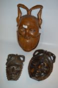 Three Carved Wood African Wall Masks
