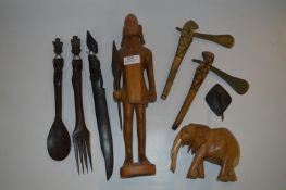 Carved African Elephant, Cutlery and Axes, etc.