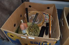 Box Lot; Stoneware Bottle, Rush Mirror Set, Brass Jam Pan, Pottery Dish, etc.