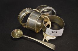 Five Assorted Silver Napkin Rings and One Mustard Spoon, Approximately 66g Total