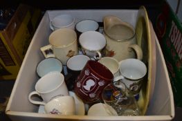 Box Lot of Royalty Commemorative Mugs, Plates, Tray and Jug